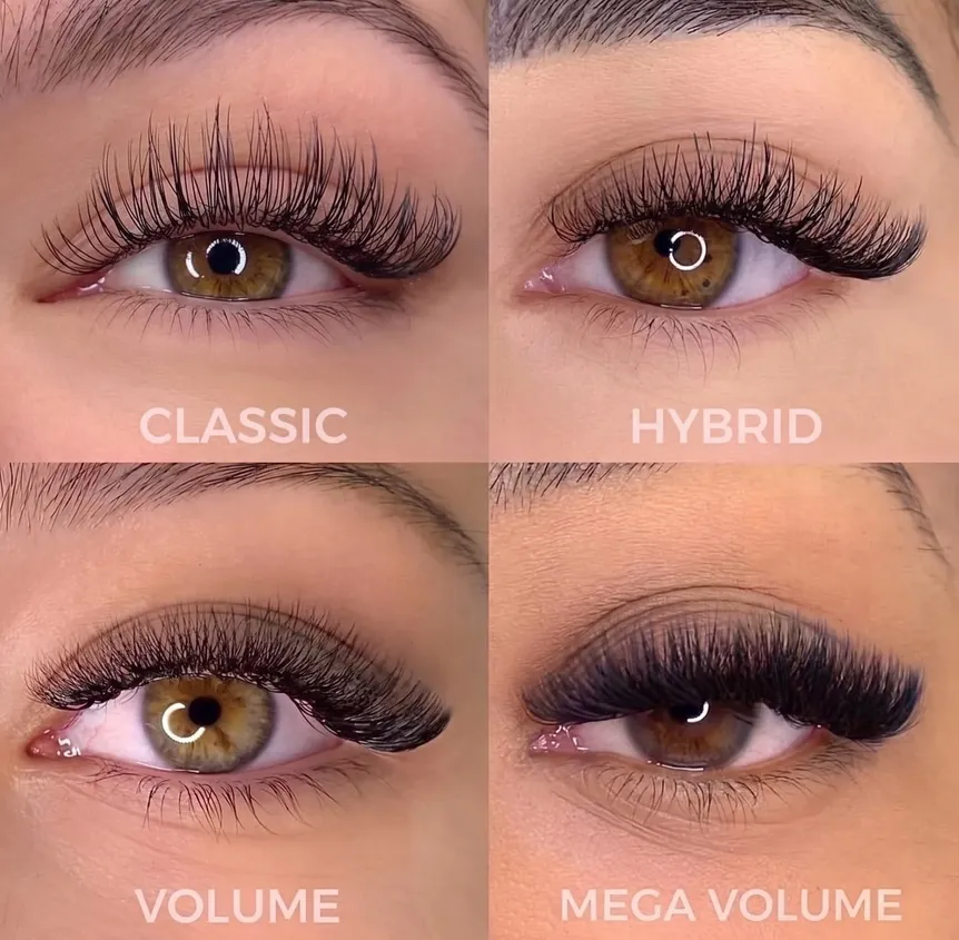 The four lash extension styles side by side: classic, hybrid, volume and mega volume