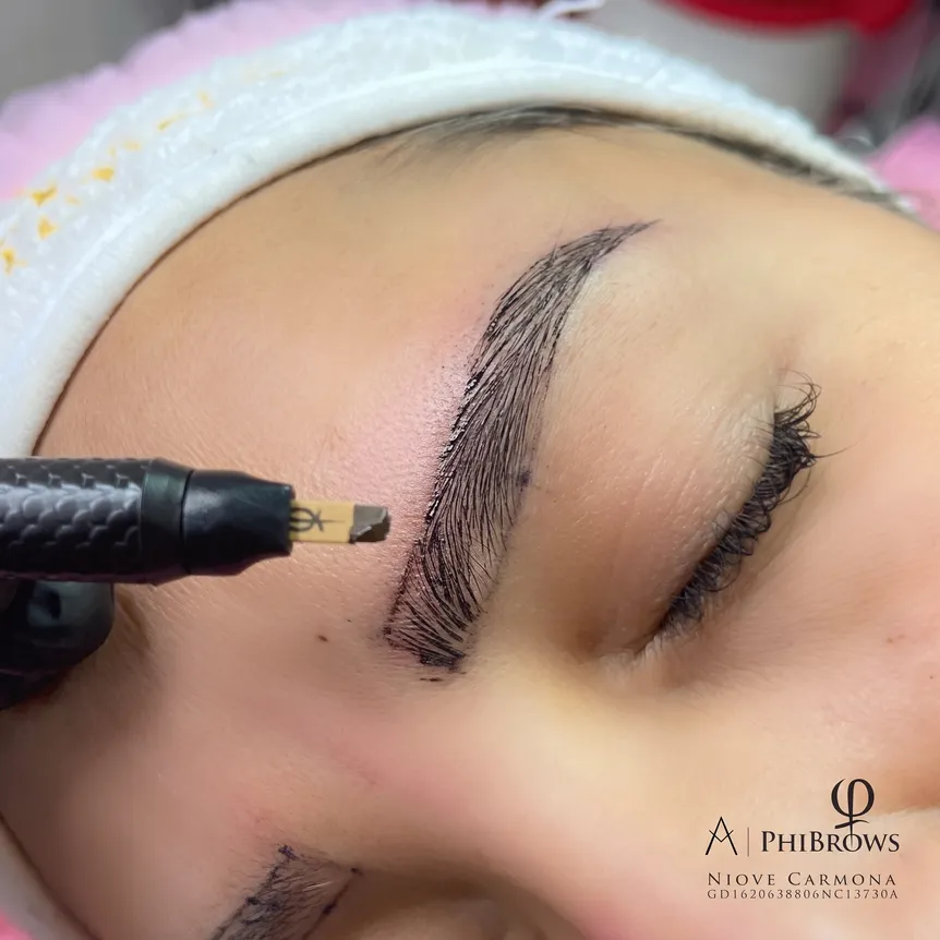 Hair-by-hair strokes with the manual PhiBrows tool on a freshly pigmented brow